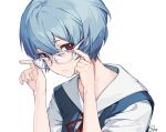  1girl arms_up ayanami_rei bangs blue_hair bow closed_mouth commentary_request eyebrows_visible_through_hair glasses hair_between_eyes holding holding_eyewear looking_at_viewer nagu neon_genesis_evangelion red_bow red_eyes red_neckwear school_uniform short_hair solo upper_body white-framed_eyewear 
