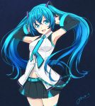  1girl :d absurdres armpits black_skirt black_sleeves blue_background blue_eyes blue_hair blue_neckwear collared_shirt cowboy_shot detached_sleeves dress_shirt floating_hair hair_between_eyes hatsune_miku headphones headset highres long_hair long_sleeves looking_at_viewer microphone midriff miniskirt open_mouth pleated_skirt shirt signature sketch skirt sleeveless sleeveless_shirt smile solo standing stomach thigh-highs twintails very_long_hair vocaloid white_shirt wing_collar ycums zettai_ryouiki 