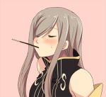  1girl blush breasts brown_hair commentary_request food hair_over_one_eye hyakuen_raitaa long_hair lowres pocky simple_background solo sweatdrop tales_of_(series) tales_of_the_abyss tear_grants 