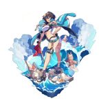  1girl belt black_hair celliera dragalia_lost flag garters hand_on_hip high_heels jacket_on_shoulders lens_flare looking_at_viewer non-web_source ocean official_art open_mouth saitou_naoki sandals short_hair smile solo sports_bra surfing swimsuit target water waves 