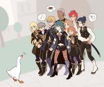 4girls 5boys absurdres annette_fantine_dominic aqua_hair armored_boots ashe_ubert bangs bird black_dress black_footwear black_pants black_vest blonde_hair blue_eyes blunt_bangs boots breasts brown_eyes brown_hair brown_legwear byleth_(fire_emblem) byleth_eisner_(female) chestnut_mouth clenched_hand clenched_hands closed_mouth comedy crossover dagger dark_skin dark_skinned_male dedue_molinaro dimitri_alexandre_blaiddyd dress earrings english_commentary eyebrows_visible_through_hair felix_hugo_fraldarius fire_emblem fire_emblem:_three_houses flat_chest flying_sweatdrops full_body gauntlets goose goose_(untitled_goose_game) grass green_eyes grey_footwear grey_hair hair_between_eyes hair_bun hands_up happy heart high_heels highres ingrid_brandl_galatea jewelry jpeg_artifacts long_hair long_sleeves looking_to_the_side mercedes_von_martritz multiple_boys multiple_girls navel navel_cutout nervous notice_lines open_mouth orange_hair outdoors pants pantyhose prinzcake purple_legwear redhead scared shirt short_hair short_sleeves small_breasts speech_bubble standing sweat sword sylvain_jose_gautier talking teeth thought_bubble tied_hair tree untitled_goose_game vambraces vest weapon white_footwear white_shirt
