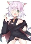  1girl absurdres bandages bangs bare_shoulders black_jacket black_panties blush breasts cat chorome1122 cleavage_cutout commentary_request dot_nose eyebrows_visible_through_hair fangs fate/apocrypha fate_(series) green_eyes highres jack_the_ripper_(fate/apocrypha) jacket long_sleeves looking_at_viewer one_eye_closed panties scar short_hair silver_hair small_breasts smile solo underwear 
