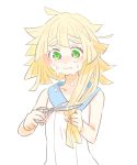  1girl amagaeru_(amapippi052525) blonde_hair cutting_hair dress green_eyes lillie_(pokemon) long_hair pokemon pokemon_(game) pokemon_sm scissors sleeveless sleeveless_dress solo sundress tears 