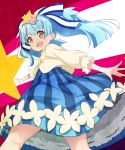  :d abe_kanari birthday blue_hair brown_eyes from_below hair_ornament hair_ribbon happy_birthday hoshikawa_lily long_hair long_skirt looking_at_viewer looking_back open_mouth outstretched_arms plaid plaid_skirt ribbon skirt smile spread_arms star star_hair_ornament twintails zombie_land_saga 
