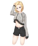  1girl absurdres android_18 angdo_(kakajo26) bangs black_shorts blonde_hair blue_eyes commentary_request dragon_ball dragon_ball_z frown grey_hoodie hand_in_hair highres hood hoodie long_sleeves looking_at_viewer navel parted_bangs short_shorts shorts simple_background sleeves_past_wrists solo white_background 