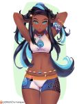  1girl absurdres adjusting_hair armlet arms_behind_head arms_up black_hair blue_eyes blue_hair breasts collar cowboy_shot dark_skin grey_background highres long_hair looking_at_viewer medium_breasts midriff multicolored_hair navel open_mouth pokemon pokemon_(game) pokemon_swsh rurina_(pokemon) shorts solo sports_bra thighs tied_hair two-tone_background two-tone_hair white_background yur1rodrigues 