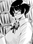  1girl bangs black_hair book bookshelf bow bowtie breasts dress_shirt expressionless glasses greyscale hakaden highres large_breasts looking_at_viewer monochrome original shirt short_hair sketch solo upper_body 