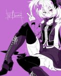 1girl arm_warmers ashino_uzu asymmetrical_sleeves black_nails boots character_name choker dress flower_(vocaloid) long_hair looking_at_viewer multicolored_hair purple_background purple_dress simple_background single_sleeve skirt solo streaked_hair thigh-highs torn_clothes torn_skirt v vest vocaloid 