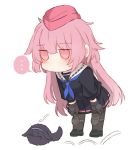  ... 1girl ^_^ animalization black_footwear black_legwear blush brown_gloves chibi closed_eyes commentary garrison_cap girls_frontline gloves hair_lift hairband hands_on_own_knees happy hat knee_pads leaning_forward long_hair ntw-20_(girls_frontline) pantyhose pink_hair pink_headwear pleated_skirt school_uniform serafuku shoes skirt speech_bubble spoken_ellipsis super_sass_(girls_frontline) thighband_pantyhose very_long_hair yuutama2804 