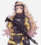  1girl blonde_hair blue_eyes body_armor bulletproof_vest cosplay gas_mask gign girls_frontline gloves gun long_hair persocon93 rainbow_six_siege s.a.t.8_(girls_frontline) shotgun solo tactical_clothes weapon 
