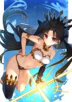  1girl armlet asymmetrical_legwear asymmetrical_sleeves bangs bare_shoulders black_bikini_bottom black_bow black_hair black_legwear blush bow breasts bridal_gauntlets closed_mouth detached_collar earrings elbow_gloves fate/grand_order fate_(series) gloves hair_bow highres hoop_earrings ishtar_(fate/grand_order) jewelry long_hair looking_at_viewer medium_breasts navel neck_ring parted_bangs red_eyes shuutou_haruka single_elbow_glove single_thighhigh smile solo thigh-highs thighs tiara two_side_up white_bikini_top 