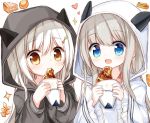  2girls :d bangs blue_eyes blush brown_eyes closed_mouth commentary_request eating eyebrows_visible_through_hair food grey_hair grey_robe hair_between_eyes heart holding holding_food hood hood_up hooded_robe long_hair long_sleeves multiple_girls open_mouth original puffy_long_sleeves puffy_sleeves robe rope simple_background sleeves_past_wrists smile sparkle upper_body white_background white_hair white_rope wide_sleeves yuuhagi_(amaretto-no-natsu) 
