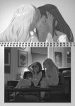  2girls clock closed_eyes couch cup drinking_glass forehead-to-forehead hand_on_forehead long_hair maribel_hearn monochrome multiple_girls picture_(object) pillow sitting table touhou usami_renko wine_glass yamamomo_(plank) 