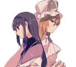  2girls akemi_homura back-to-back black_hair dress grey_hair hairband hat long_hair magia_record:_mahou_shoujo_madoka_magica_gaiden magical_girl mahou_shoujo_madoka_magica mahou_shoujo_oriko_magica mikuni_oriko mizuki_(flowerlanguage) multiple_girls shako_cap veil violet_eyes white_dress 