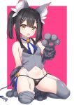  1girl animal_ear_fluff animal_ears bare_shoulders bell black_hair black_panties breasts cat_ears cat_girl collarbone detached_collar fang fate/kaleid_liner_prisma_illya fate_(series) garter_straps gloves grey_legwear grey_shirt groin hair_ornament hairclip hand_up heijialan jingle_bell long_hair looking_at_viewer miyu_edelfelt navel no_pants open_mouth panties paw_gloves paws shirt sidelocks sleeveless sleeveless_shirt small_breasts solo stomach tail thigh-highs twintails underwear wing_collar yellow_eyes 