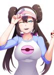  1girl ;d arata bangs blue_eyes bow breasts brown_hair collarbone double_bun hair_between_eyes highres holding holding_poke_ball large_breasts long_hair looking_at_viewer mei_(pokemon) one_eye_closed open_mouth pink_bow poke_ball pokemon pokemon_(game) pokemon_bw2 raglan_sleeves red_nails simple_background smile solo twintails upper_body upper_teeth very_long_hair visor_cap white_background 