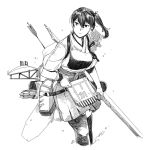 1girl arrow bangs bow_(weapon) breasts closed_mouth collarbone commentary_request cropped_legs expressionless flight_deck gloves greyscale hair_between_eyes hakama_skirt holding holding_bow_(weapon) holding_weapon japanese_clothes kaga_(kantai_collection) kantai_collection kimono leaning_forward long_hair looking_to_the_side machinery monochrome muneate partly_fingerless_gloves pleated_skirt quiver rigging side_ponytail simple_background skirt solo tasuki thigh-highs water weapon weidashming white_background yugake 