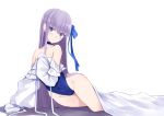  1girl bangs bare_shoulders bed_sheet blue_choker blue_eyes blue_ribbon blue_swimsuit blush breasts choker closed_mouth fate/grand_order fate_(series) highleg highleg_swimsuit highres jilu long_hair long_sleeves looking_at_viewer meltryllis meltryllis_(swimsuit_lancer)_(fate) puffy_sleeves purple_hair ribbon simple_background sleeves_past_fingers sleeves_past_wrists small_breasts solo swimsuit thighs white_background 