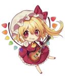  1girl arm_up ascot bangs blonde_hair blush bow chibi commentary_request eyebrows_visible_through_hair flandre_scarlet grin guitar hair_between_eyes hat hat_bow hexagram holding holding_instrument instrument kyouda_suzuka les_paul looking_at_viewer mob_cap one_side_up puffy_short_sleeves puffy_sleeves red_bow red_eyes red_footwear red_skirt red_vest shirt shoes short_sleeves simple_background skirt skirt_set smile solo sparkle star touhou v-shaped_eyebrows vest white_background white_headwear white_shirt wings yellow_neckwear 