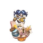  bike_shorts black_hair boots bucket dragalia_lost fang fire furnace gem gloves hair_ornament long_hair miniskirt non-web_source official_art open_hand open_mouth overflow renee_(dragalia_lost) ripples saitou_naoki skirt two_side_up water yellow_eyes 