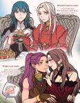  4girls :t arm_around_waist arm_tattoo blue_eyes blush braid brown_eyes brown_hair byleth_(fire_emblem) byleth_eisner_(female) dorothea_arnault eating edelgard_von_hresvelg english_text eye_contact eyebrows_visible_through_hair facial_tattoo finger_to_another&#039;s_mouth fingerless_gloves fire_emblem fire_emblem:_three_houses food gloves green_hair hamburger hooreng korean_commentary korean_text long_hair looking_at_another multiple_girls open_mouth petra_macneary ponytail purple_hair sandwich silver_hair sitting sitting_on_lap sitting_on_person smile tattoo translation_request wavy_hair yuri 