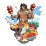  1boy belt brown_hair dragalia_lost fish flower food full_body grill hawaiian_shirt long_hair looking_at_viewer male_focus muscle non-web_source official_art open_clothes open_shirt parted_lips ranzal saitou_naoki shirt smile solo teeth 