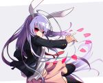  1girl animal_ears black_jacket black_legwear buttons danmaku finger_gun grey_background highres jacket kozakura_(dictionary) long_sleeves necktie pink_skirt purple_hair rabbit_ears red_eyes red_neckwear reisen_udongein_inaba shirt simple_background skirt solo thigh-highs touhou white_shirt 