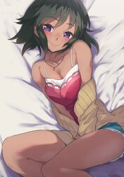  1girl bangs bare_shoulders beige_sweater black_hair blush breasts collarbone cutoffs dark_skin denim denim_shorts idolmaster idolmaster_cinderella_girls jewelry kawaty looking_at_viewer lying medium_breasts natalia_(idolmaster) necklace off_shoulder on_side red_camisole short_hair short_shorts shorts smile solo thighs violet_eyes 