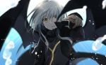  1girl black_coat black_wings floating_hair index_finger_raised long_hair long_sleeves looking_at_viewer mikoto_kei open_mouth rimuru_tempest shiny shiny_hair silver_hair solo tensei_shitara_slime_datta_ken upper_body wings yellow_eyes 