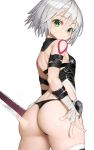  1girl :&lt; absurdres arm_belt ass bandaged_arm bandaged_hand bandaged_hands bandages bangs bare_shoulders belt belt_buckle black_belt black_panties black_shirt blush breasts buckle closed_mouth commentary_request dagger eyebrows_visible_through_hair facial_scar fate/apocrypha fate/grand_order fate_(series) from_behind frown green_eyes grey_hair hair_between_eyes highres holding holding_knife jack_the_ripper_(fate/apocrypha) knife looking_at_viewer looking_back nyatabe panties scar scar_across_eye scar_on_cheek shirt short_hair shoulder_tattoo simple_background sleeveless sleeveless_shirt small_breasts solo tattoo thigh-highs underwear weapon white_background 