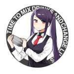  1girl bartender catchphrase cocktail_shaker english_commentary english_text jill_stingray junsuina_fujunbutsu long_hair necktie purple_hair red_eyes solo twintails va-11_hall-a 