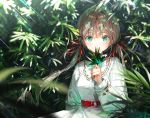  1girl bangs blurry breasts brown_hair covered_mouth dappled_sunlight day depth_of_field dress dsmile green_eyes holding holding_leaf leaf light_rays long_hair long_sleeves looking_at_viewer low_twintails nature original sash smelling solo sunlight twintails upper_body white_dress 