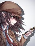  1girl black_hair brown_coat brown_headwear coat fall_dommmmmer forbidden_scrollery fountain_pen highres pen pointy_ears red_eyes red_neckwear shameimaru_aya shirt simple_background smile touhou upper_body vignetting white_shirt 