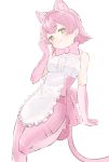  1girl :3 absurdres animal_ear_fluff apron bare_shoulders blush bow bowtie center_frills elbow_gloves eyebrows_visible_through_hair frilled_apron frills gloves green_eyes hand_to_own_mouth hand_up highres kemono_friends kemono_friends_3 kona_ming looking_at_viewer panther_ears panther_tail pantyhose peach_panther_(kemono_friends) pink_footwear pink_gloves pink_hair pink_legwear pink_neckwear shirt shoes short_hair simple_background sleeveless sleeveless_shirt smile solo white_apron white_background white_shirt 