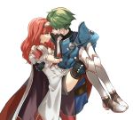  1boy 1girl alm_(fire_emblem) armor armored_boots black_legwear bodysuit boots cape carrying celica_(fire_emblem) couple dress earrings face-to-face fingerless_gloves fire_emblem fire_emblem_echoes:_shadows_of_valentia gloves green_eyes green_hair hand_on_another&#039;s_face hetero highres jewelry looking_at_another misu_kasumi princess_carry red_eyes redhead ribbed_bodysuit signature simple_background smile thigh-highs thigh_boots thighhighs_under_boots tiara white_background white_dress white_footwear 