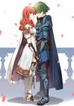  1boy 1girl alm_(fire_emblem) armor armored_boots black_legwear bodysuit boots cape celica_(fire_emblem) couple dress earrings face-to-face fingerless_gloves fire_emblem fire_emblem_echoes:_mou_hitori_no_eiyuuou fire_emblem_echoes:_shadows_of_valentia fire_emblem_gaiden full_body gloves green_eyes green_hair hairband hand_on_another&#039;s_face hetero highres holding_hands intelligent_systems jewelry looking_at_another love medium_hair misu_kasumi nintendo pants petals railing red_eyes redhead ribbed_bodysuit shin_guards short_hair simple_background smile standing thigh-highs thigh_boots thighhighs_under_boots thighs twitter_username white_background white_dress white_footwear 