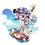  1girl bird blue_hair dragalia_lost estelle_(dragalia_lost) fang full_body hat holding jacket long_hair looking_at_viewer megaphone non-web_source official_art open_mouth ripples saitou_naoki sand shiny solo staff swimsuit violet_eyes water 