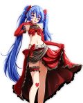  1girl :d ambivalence_(module) blue_eyes blue_hair bow elbow_gloves floating_hair gloves hair_between_eyes hair_bow hatsune_miku heart highleg highleg_panties highres long_hair long_skirt looking_at_viewer midriff navel open_mouth panties project_diva_(series) red_gloves red_skirt shiny shiny_hair skirt skirt_hold smile solo standing stomach thigh_strap tsukishiro_saika underwear very_long_hair vocaloid 