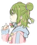  1girl :d animal_ears bangs bear_ears bear_hood blush bow cropped_torso double_bun eyebrows_visible_through_hair fake_animal_ears green_eyes green_hair hair_between_eyes hair_bow hand_up hood hood_down hooded_jacket jacket long_sleeves looking_away meito_(maze) morinaka_kazaki nijisanji open_mouth pink_jacket profile red_bow simple_background sleeves_past_wrists smile solo upper_body virtual_youtuber white_background 