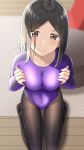  1girl bangs black_hair blurry blurry_background blush breast_lift breasts brown_eyes brown_legwear closed_mouth collarbone commentary_request danberu_nan_kiro_moteru? depth_of_field eyebrows_visible_through_hair fingernails gurande_(g-size) highres indoors leotard long_hair long_sleeves looking_at_viewer medium_breasts mole mole_under_eye no_shoes on_floor pantyhose parted_bangs purple_leotard seiza sitting smile solo tachibana_satomi thighband_pantyhose v-shaped_eyebrows wooden_floor 