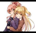  2girls bangs blazer blonde_hair breasts eyebrows_visible_through_hair green_eyes grin hug idolmaster idolmaster_cinderella_girls jacket jougasaki_mika jougasaki_rika kakaobataa long_hair looking_at_viewer multiple_girls pink_hair ponytail school_uniform siblings simple_background sisters sleeves_past_wrists smile two_side_up white_background yellow_eyes 