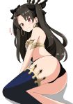  1girl absurdres aikawa_ryou ass bangs bare_shoulders black_hair black_panties black_ribbon blue_legwear blush commentary_request earrings eyebrows_visible_through_hair fate/grand_order fate_(series) grin hair_ribbon highres hoop_earrings ishtar_(fate/grand_order) jewelry long_hair looking_at_viewer panties parted_bangs red_eyes ribbon shadow single_thighhigh smile solo thigh-highs tiara translated two_side_up underwear very_long_hair white_background 