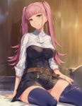  1girl bangs bed belt blunt_bangs blush breasts dress fire_emblem fire_emblem:_three_houses head_tilt highres hilda_valentine_goneril long_hair looking_at_viewer on_bed pink_hair purple_legwear shadow shinon_(tokage_shuryou) sitting smile solo thigh-highs twintails 
