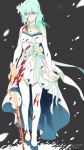  1girl alternate_costume blood blood_on_face blood_splatter bloody_clothes bloody_weapon byleth_(fire_emblem) byleth_eisner_(female) detached_sleeves dress fire_emblem fire_emblem:_three_houses flower green_eyes green_hair green_nails hair_flower hair_ornament highres ijiro_suika petals strapless strapless_dress sword thigh-highs weapon 