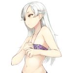  1girl bare_arms bare_shoulders bikini closed_mouth fingernails flat_chest frown ginji74 highres long_hair navel orange_eyes original purple_bikini silver_hair simple_background solo straight_hair swimsuit upper_body white_background 