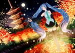  1girl autumn blue_eyes blue_hair boots detached_sleeves dutch_angle forest full_moon hatsune_miku headphones headset highres juu_satoshi kyoto long_hair moon nature necktie outstretched_arm pagoda ripples solo standing standing_on_liquid thigh-highs thigh_boots twintails very_long_hair vocaloid 