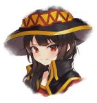  1girl bangs black_cape black_collar black_headwear brown_hair cape collar commentary_request eyebrows_visible_through_hair face hat kono_subarashii_sekai_ni_shukufuku_wo! large_hat looking_at_viewer lunia megumin red_eyes red_shirt shirt simple_background smile solo white_background witch_hat 