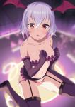  1girl bare_shoulders black_gloves black_legwear blush bra breasts collarbone demon_girl elbow_gloves frilled_bra frilled_gloves frills garter_belt gloves grey_hair head_wings kono_subarashii_sekai_ni_shukufuku_wo! looking_at_viewer multicolored_hair navel open_mouth panties pink_hair red_eyes revealing_clothes shinjin_succubus_(konosuba) short_hair small_breasts succubus thigh-highs two-tone_hair underwear 