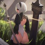  1girl ass back_cutout black_blindfold black_hairband blindfold cowboy_shot feather-trimmed_sleeves from_behind grass hairband highres juliet_sleeves leotard long_sleeves mark_simonov nier_(series) nier_automata puffy_sleeves short_hair solo standing sword thigh-highs thong_leotard virtuous_contract weapon white_hair white_leotard yorha_no._2_type_b 