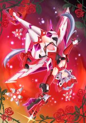  1girl ahoge boots breasts cleavage_cutout commentary_request covered_navel elbow_gloves flower gloves grin gun handgun headgear high_heels highres large_breasts leotard long_hair low_twintails platform_footwear purple_hair red_flower red_footwear red_rose revolver rose senki_zesshou_symphogear smile sumilo_don thigh-highs thigh_boots twintails very_long_hair violet_eyes weapon white_footwear yukine_chris zettai_ryouiki 